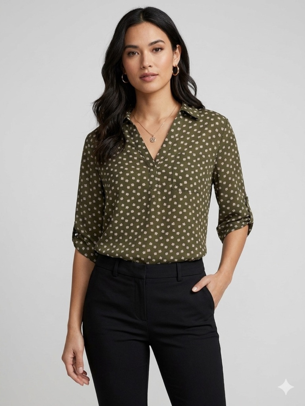New York & Company Olive Green White Floral Roll-Tab Sleeve Blouse - Size Medium